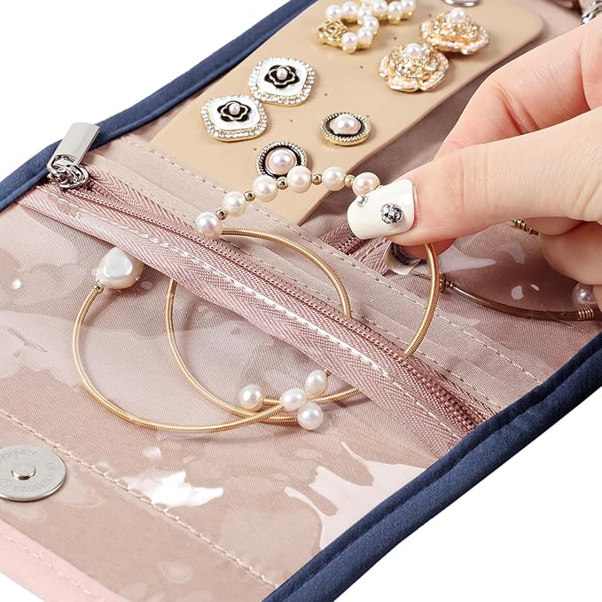 BELALIFE Travel Jewelry Case Organizer, Small Foldable Storage Roll for Earrings, Necklaces, Rings, Bracelets, Brooches, Blue-Gray