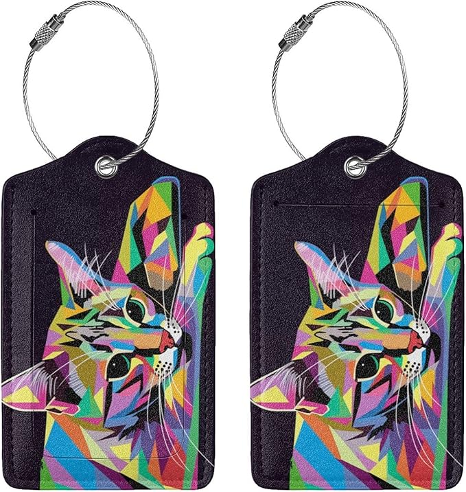 Cat Leather Luggage Tag with Stainless Steel Ring, Fun Name Id Card Cover Travel Bag Tag Set, Suitable for Travel Bag Luggage Women Men 4 PCS