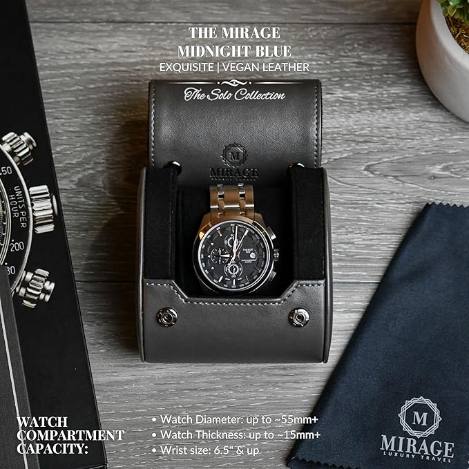 Single Watch Roll Case Watch Travel Case Box 1 Watch Display Case Slate Gray Swiss Motif Design Vegan Leather