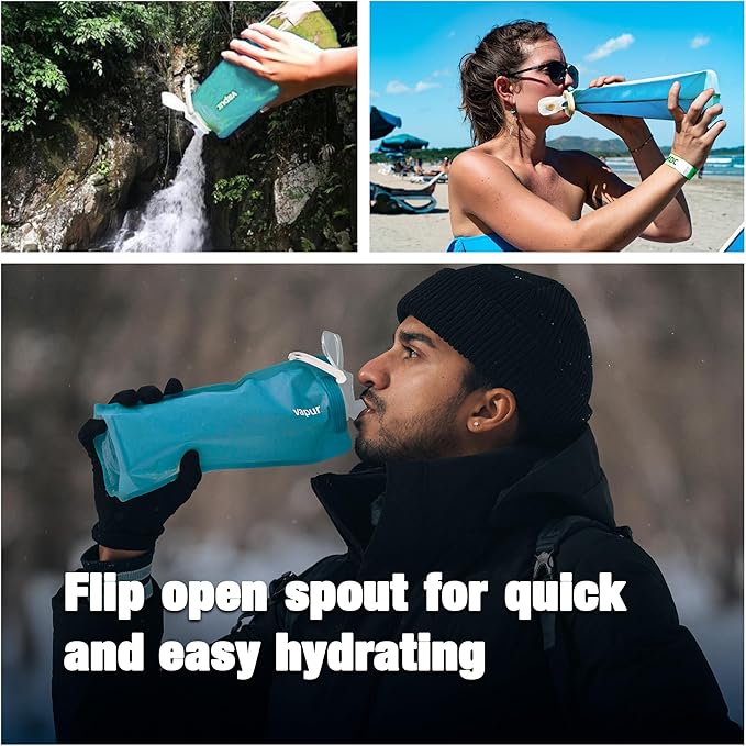 Vapur Collapsible Water Bottle With Carabiner, Compact Bottle Folds Flat For Hydration On The Go, Ideal for Traveling, Hiking or Camping, 23 Ounce, Teal, Pack of 1