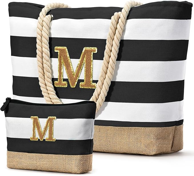 Becokan Beach Bag Initial Beach Tote with Makeup Bag for Travel Work Storage Personalized Birthday Gifts for Women Her