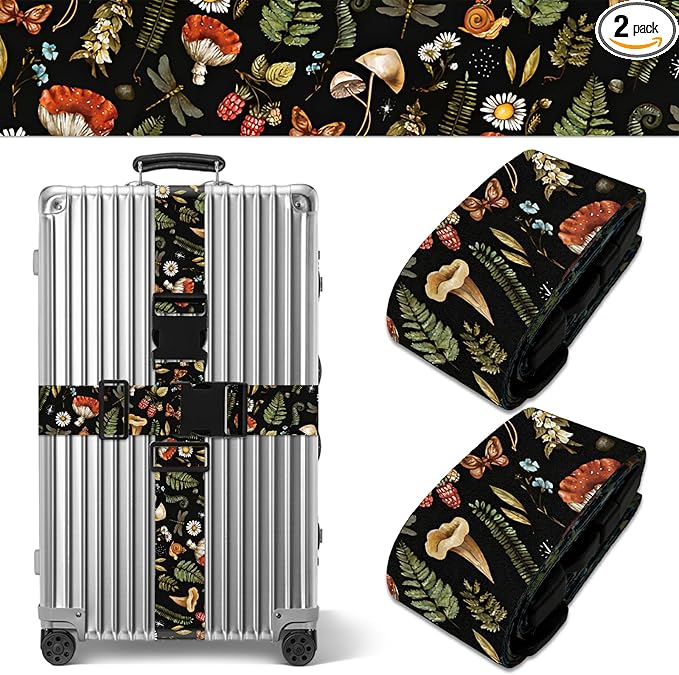 Mushroom Luggage Straps for Suitcases TSA Approved, Luggage Identifiers for Suitcase, Adjustable Suitcase Strap for Baggage Security with Cute Patten, Travel Necessary Accessories (2Pack)
