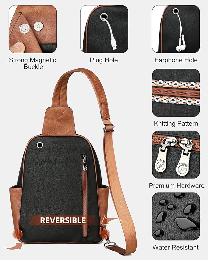 FADEON Large Sling Bag for Women, Leather Crossbody Purse Designer Anti Theft Sling Backpack, RFID Fanny Packs for Travel