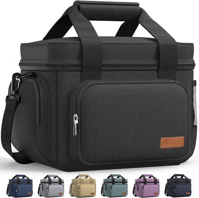 HOTOR Lunch Box for Men and Women - Leak-Proof Insulated Lunch Cooler Bag with Adjustable Strap, Multiple Pockets for Office, Picnic, Hiking, Beach, 1 Layer, 18L, Black, 13.4" x 9.1" x 10.0"