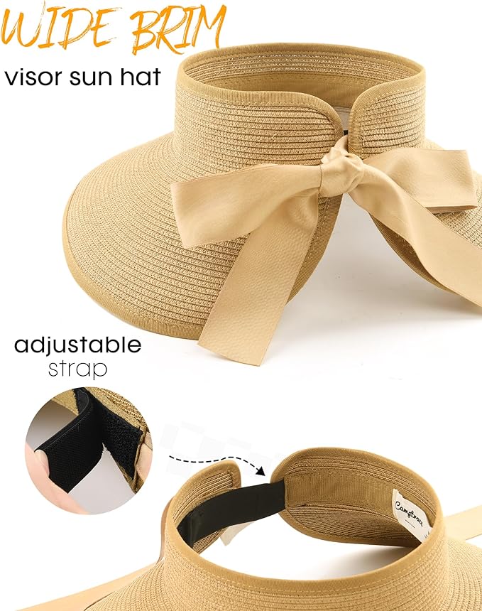 Camptrace Sun Visors for Women Wide Brim Beach Hat Foldable Straw Visor Hat Ponytail Summer Packable UPF 50+