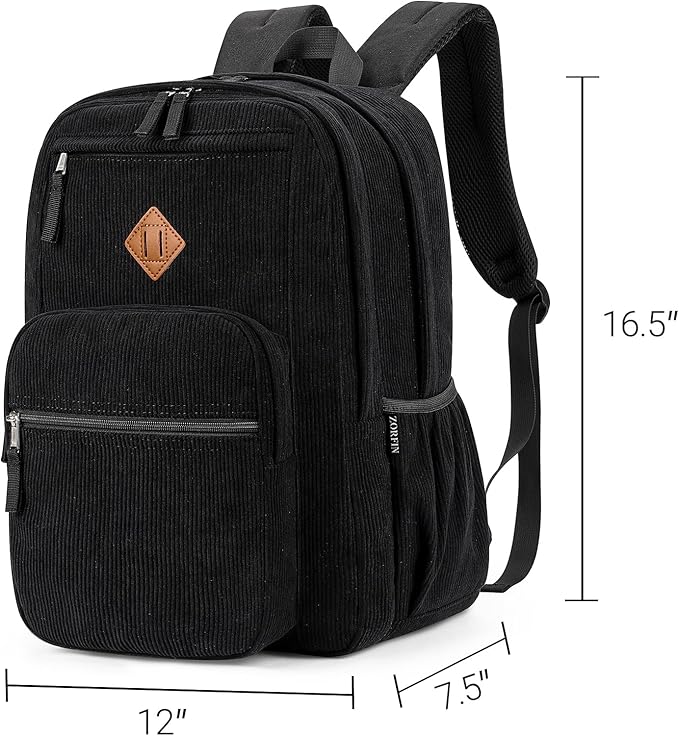 ZORFIN 26L Backpack for College, and Travel: Corduroy Bookbag - Black
