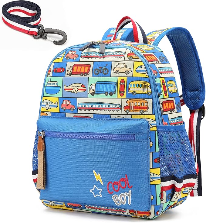 willikiva Cartoon Bus 12 Kindergarten Backpack for Kids Girls and Boys,Waterproof Preschool Toddler Backpack Wiht Leash and Safety Harness (Car)