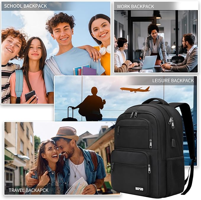Black Backpack for Men Women, 15.6 inch Laptop Backpack for School, School Backpack for Boys Girls Teens, College Book Bag with USB Port, Water Resistant Bookbag, Business Work Travel
