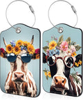 2 Pack Luggage Tag for Suitcase Cool Cow in Sunglasses Leather Travel Cruise Luggage Tag with Stainless Steel Loop Name ID Label Privacy Cover for Adults Teens Travel Bag Labels Set