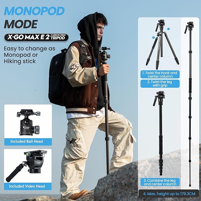 Fotopro 25-75x100 Spotting Scope for Bird Watching, X-Go Max E 2 Carbon Fiber Travel Tripod, Compact and Lightweight for Wildlife and Moon Viewing