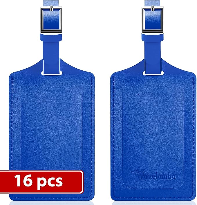 Travelambo Luggage Tags for Suitcases Faux Leather Privacy Protection 16 Pack Bag Tags Travel Accessories Essential, Fresh Blue