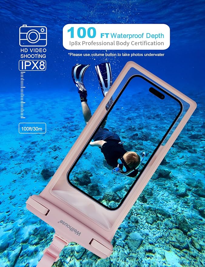 wellhouse Waterproof Phone Pouch, Waterproof Phone Case for iPhone 16 15 14 13 12 Pro Max XS Samsung, IPX8 3D Cellphone Dry Bag Beach Essentials (2 Pack - Blue & Pink8.0, 8 inch)