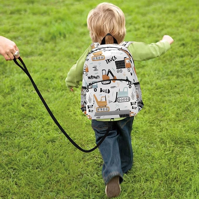 Transport Truck Excavator Toddler Backpack Boys Girls Kids Preschool Bookbag School Children Bag with Leash Travel Casual Daypack Kindergarten Elementary Schoolbag for Nursery Junior Primary Students