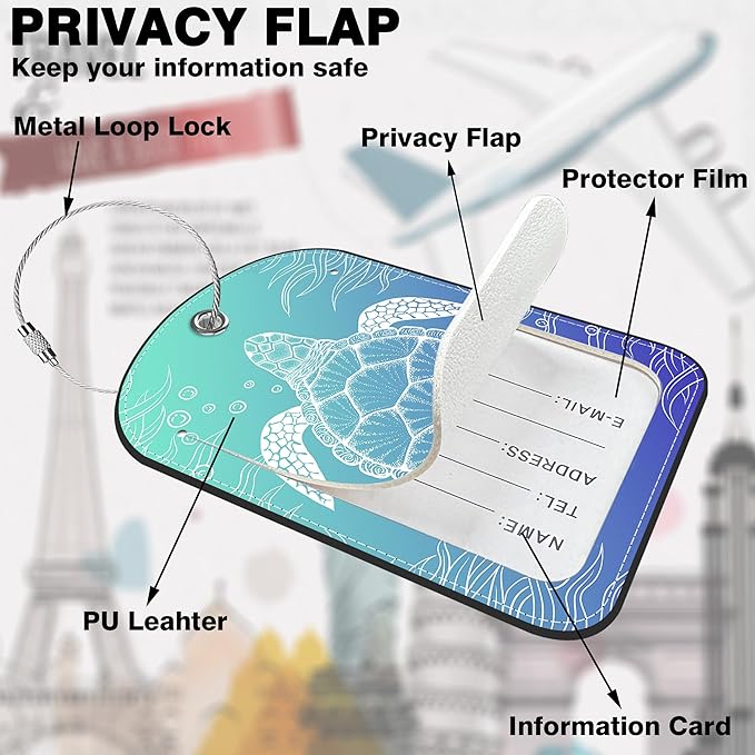 2 Pack Luggage Tag for Suitcase Turtle Leather Suitcase Tags with Privacy Name ID Label and Stainless Steel Loop for Travel Bag