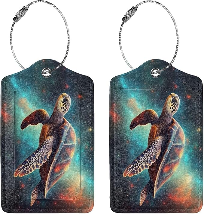 Sea Turtle Leather Luggage Tag with Stainless Steel Ring, Fun Name Id Card Cover Travel Bag Tag Set, Suitable for Travel Bag Luggage Women Men 2 PCS