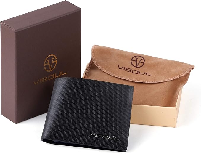 VISOUL Leather Mens Bifold RFID Blocking Wallet with 2 ID Windows, Leather Wallet for Men (Carbon Fiber, Black+Blue)