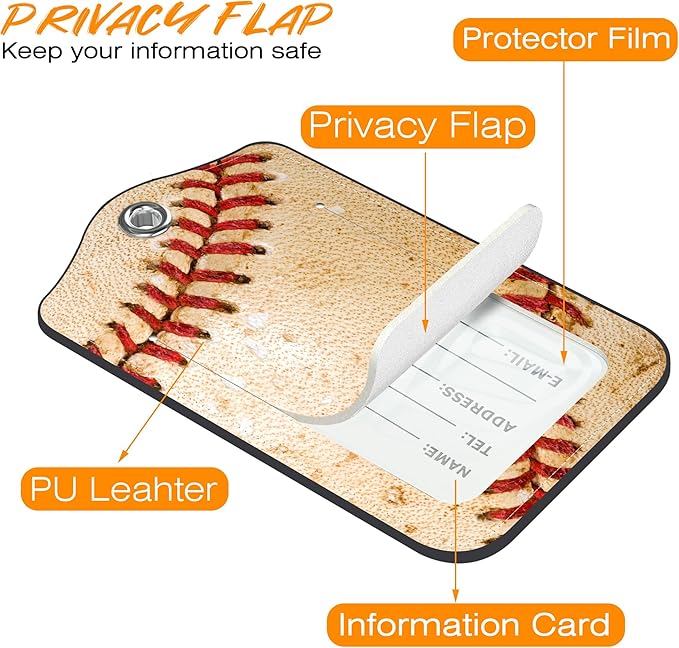 Luggage Tags for Suitcase Baseball 2 PCS Leather Travel Luggage Tag with Stainless Steel Loop Name ID Label Privacy Cover for Women Men Travel
