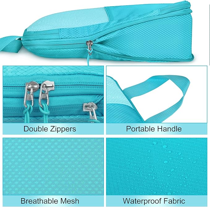 8 Set Compression Packing Cubes Travel, Lightweight Expandable Travel Cubes Suitcase Organizer for Carry On Luggage Suitcase, Turquoise