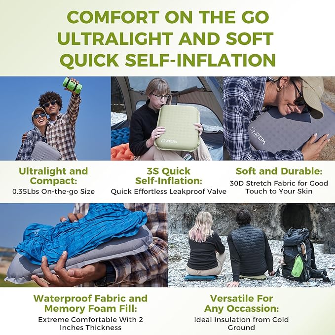 ATEPA Inflatable Stadium Seat Cushion, Self-Inflating Memory Foam Stadium Seats Bleacher Seat Chair Cushion Pad for Airplane Travel Backpacking Sports Events