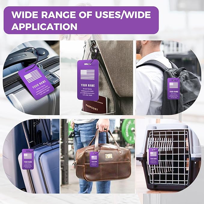 Personalized Luggage Tags, Custom Luggage Tags 4 Pack TSA Approved Double Sided Laser Engraving, Metal Luggage Tag for Suitcases with Stainless Loops, Name Tag for Bags, Backpacks (Purple)