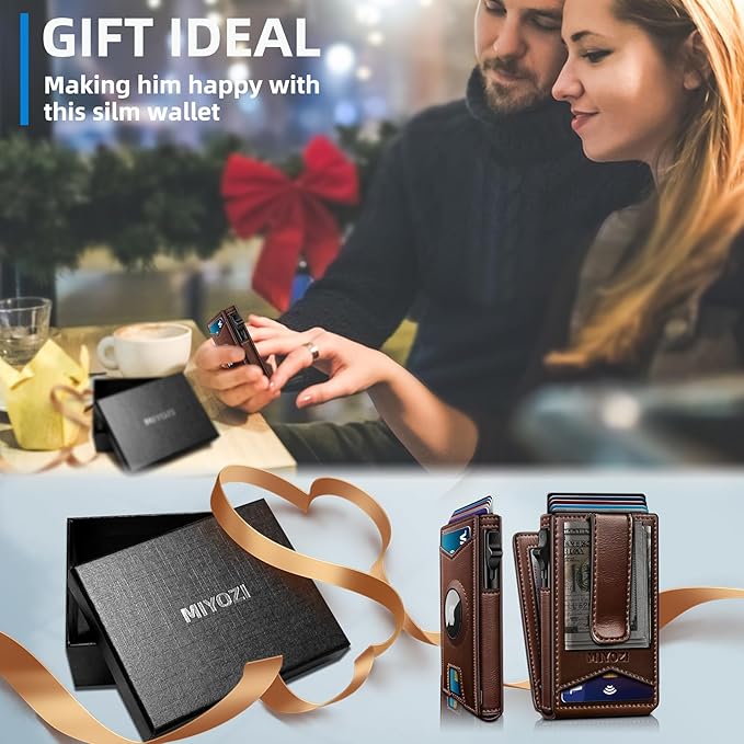 Airtag Wallet for Men,with Money Clip Gift Boxed,Slim Front Pocket Wallet RFID Blocking Metal Case Smart Pop-up Credit Card Holder in Magnetic Leather Flip