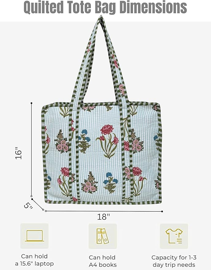 Cotton Quilted Tote Bag for Women – Large Beach & Travel Tote with Zipper, Reusable Grocery Bag