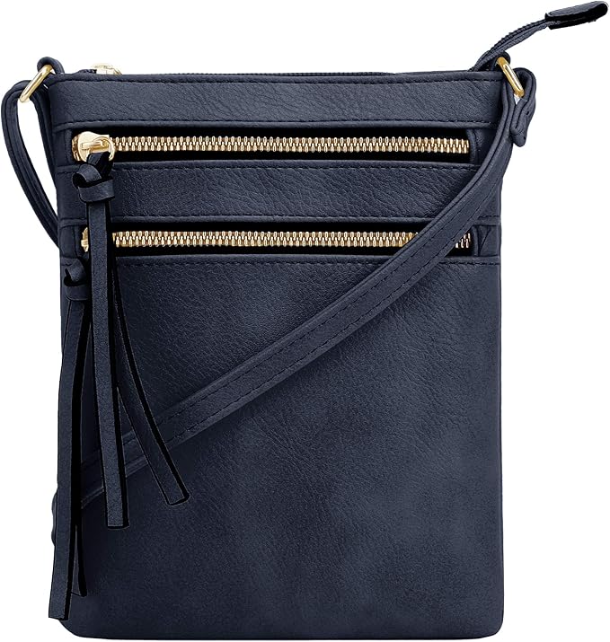 DELUXITY | Crossbody Purse Bag | Functional Multi Pocket Double Zipper Purse | Adjustable Strap | Medium Size Purse | Navy