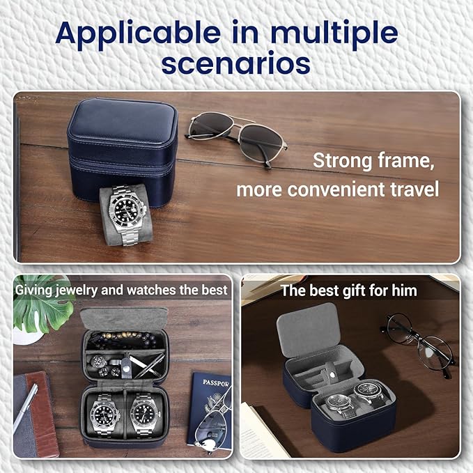 CONBOLA 2 Watch Travel Case for Men with Accessory Compartment,Compact Watch Box for Men Jewelry Case with Microsuede Interior,PU Leather Protect Fits Watches & Smartwatches Up to 55mm. (Deep Blue)