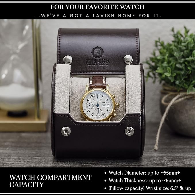 Brown/Ivory - 1 Watch Travel Case for Men - Single Watch Case Storage - Gift Idea Travel Accessory - Espresso Brown/Ivory - Mirage Watch Roll Cases Vegan Leather