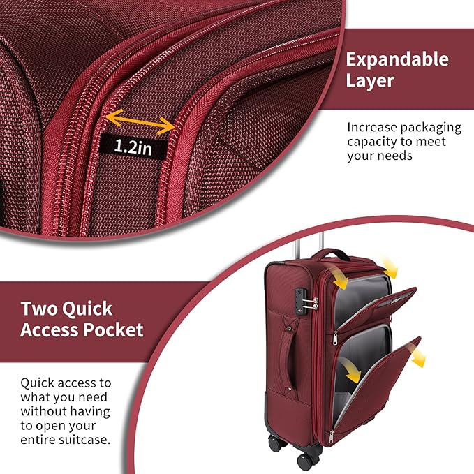 3-Piece Softside Expandable Luggage Set with Front Open Pocket, Lightweight and Durable Oxford Fabric Suitcase Set with TSA Lock (Burgundy Wine Red, 20in/24in/28in)