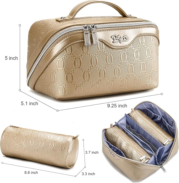 BOYATU Travel Makeup Bag for Women: Cosmetic Organizer Bag with Compartments - Leather Make up Bags Set of 3 (Gold Yellow)