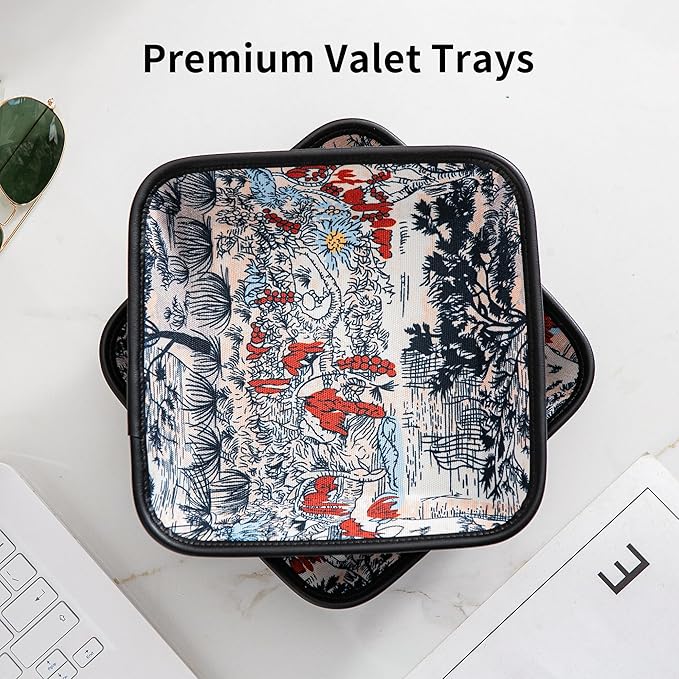 2025 Improved Design Premium Square Fabric Valet Tray Organizer Set of 2, Hard Canvas Catchall Tray for Watches, Keys, Wallets, Jewelry & Candys on Desk, Bedside, Nightstand (Square Hard)
