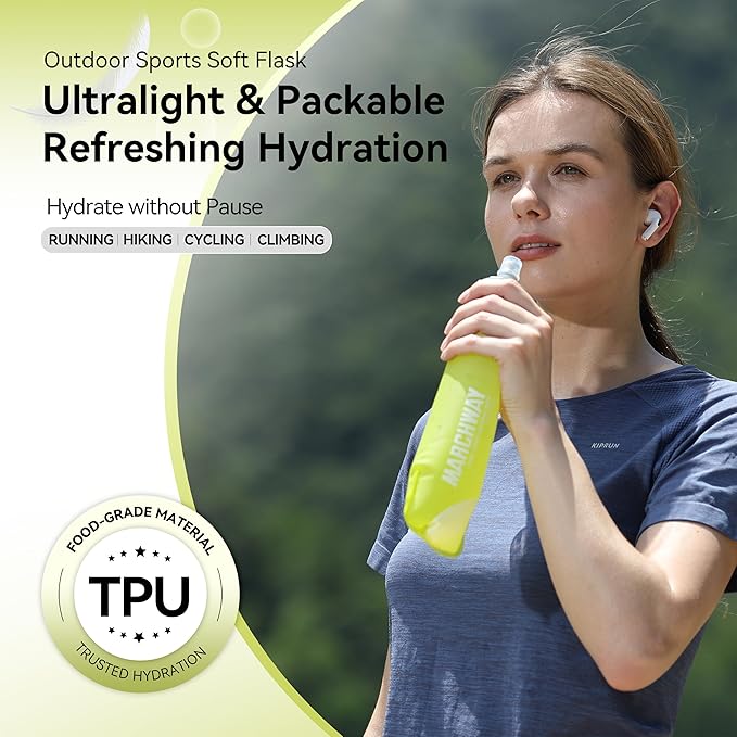 MARCHWAY Soft Hydration Flask with Wide Mouth, 300ml/500ml Collapsible TPU Water Bottle, Leakproof Portable Flexible for Running, Hiking, Cycling, Climbing, Gym, Travel (2pcs Yellow 500ml)