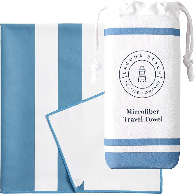 Bright Blue Microfiber Beach Towel by Laguna Beach Textile Co - Sand Free, Light Weight Striped Pool Towel - Perfect for Yoga, Gym, Beach, Pool - Extra Large, 35" x 75 - Laguna Blue