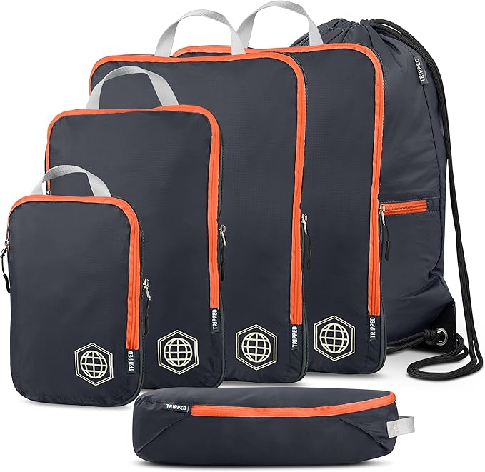 Large Compression Packing Cubes 6 Piece Set for Travel with Lightweight Laundry Bag/Drawstring Backpack for Carry-On Suitcase (Grey/Orange)