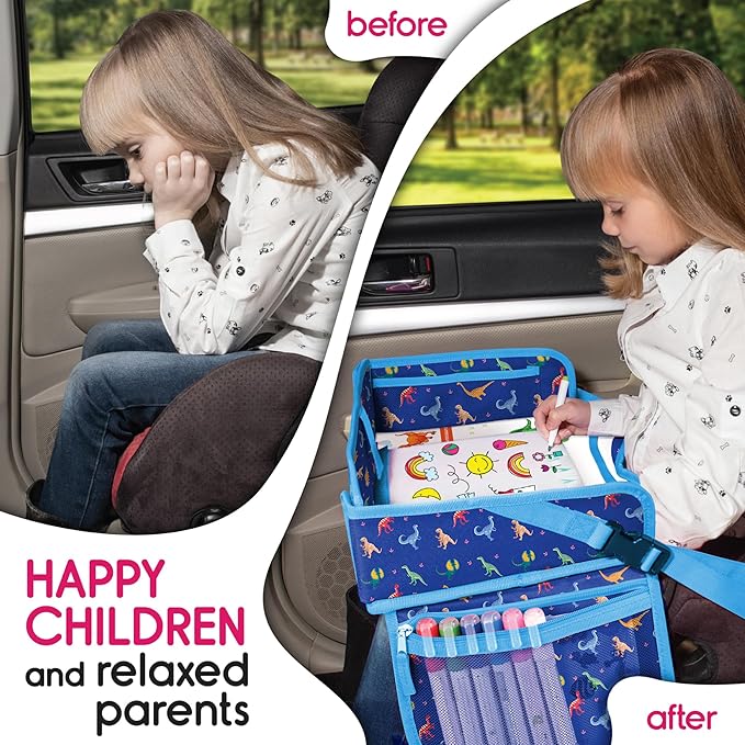 Kids Travel Tray - Waterproof Car Table with No-Drop Large Tablet Holder - Car Seat Tray - Road Trip Must Haves - Lap Desk Kids Organizer for Airplane - Toddler Travel Activities (Blue)