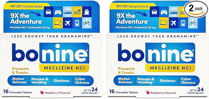 Bonine Non-Drowsy for Motion Sickness Relief, Sea Sickness, Car Sickness, Nausea and Vomiting, with Meclizine Hcl 25mg, Raspberry, Travel-Sized 16ct (Packaging May Vary) (Pack of 2)