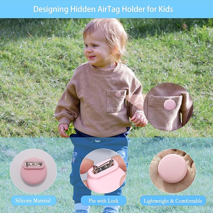 Waterproof AirTag Holder for Kids[Discreet] - 4-Pack Mini Silicone Air Tag Cover with Invisible Pin,GPS Tracker Case for Children, Elderly, Clothes, Backpack, Luggage (Black, Pink, White, Purple)