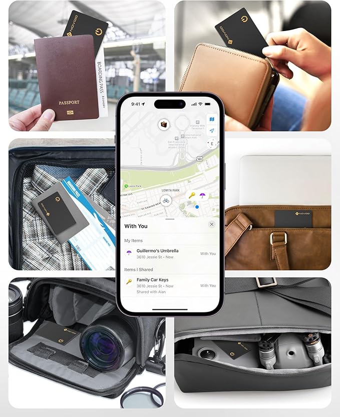 NOVOO Air Locator Tag (iOS Only) Wallet Tracker Card with Apple Find My, Smart Card Bluetooth Tracker, 6 Years Battery, IP68 Waterproof, Keys Finder and Item Locator for Keys, Bags, Passport(BK)