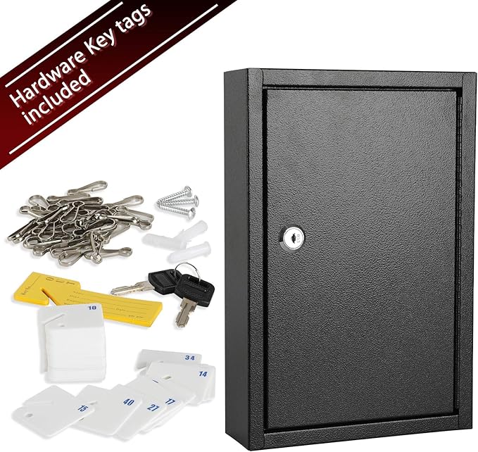 KYODOLED Key Storage Lock Box Wall Mount, Locking 40 Key Cabinet Holder Box with Key Lock, Hooks & Labels, 2.5" D x 8.1" W x 12.1" H