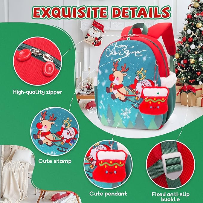 SUN EIGHT Kids Christmas Backpack – Glow in the Dark Santa & Reindeer Design, Lightweight Waterproof School Bag with Plush Stocking Charm & Gift Bag – Perfect Holiday Present for Boys and Girls