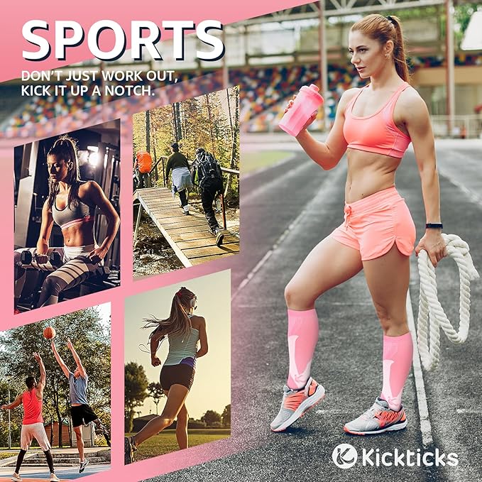 Kickticks 4 Pairs Compression Socks for Woman & Man Unisex 20-30mmHg Knee high Plus Size Wide Calves for Flying Running…