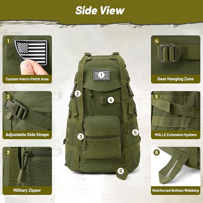 50L Tactical Backpack for Men and Women, Water-Resistant Molle Rucksack, Large Military Assault Pack for Hiking, Hunting, Camping, Gym & Outdoor Survival Green