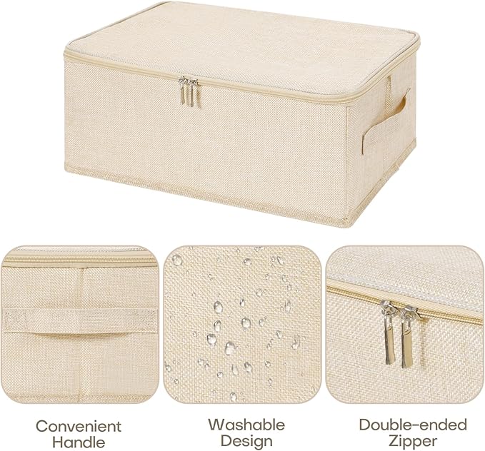 ANMINY 2PCS Storage Bins with Zipper Lids 13 Qt Lidded Fabric Storage Boxes Baskets Cubes with Handles Collapsible Washable Cotton Linen Closet Shelf Clothes Organizer Containers - Beige, Small