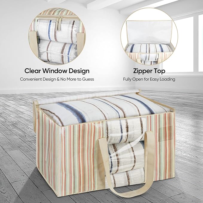 BALEINE 4-Pack Oversized Moving Bags with Reinforced Handles, Heavy-Duty Storage Tote for Clothes, Moving Supplies (Color Stripe with Window, 4-Pack)