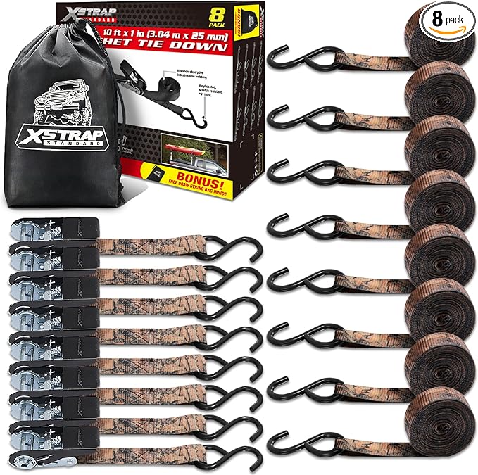 XSTRAP STANDARD Ratchet Tie Down Straps - 8PK - 1'' x 10 ft - 900 LB Break Strength Cargo Straps for Moving Appliances, Lawn Equipment, Motorcycle (Camouflage2)