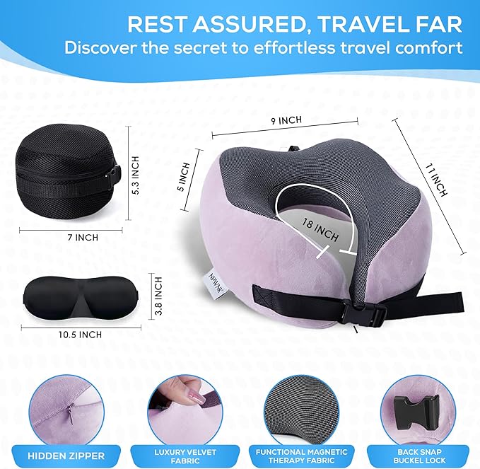 Pure Memory Foam Travel Pillows for Airplanes – Ergonomic Design with Adjustable Fit, Machine Washable, 3D Eye Mask & Compact Plane Pillow for Traveling – Grey & Pink