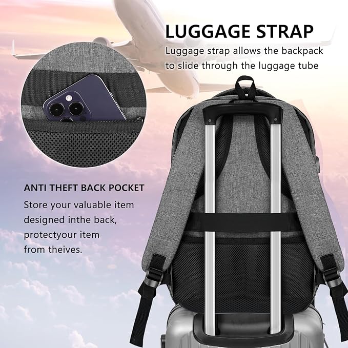 Travel Laptop Backpack, Business Carry on Backpack Flight Approved Backpack, Large Travel Work Backpacks for Men Women with USB Charger Port, Rucksack Bag, Mochila de viaje, Grey