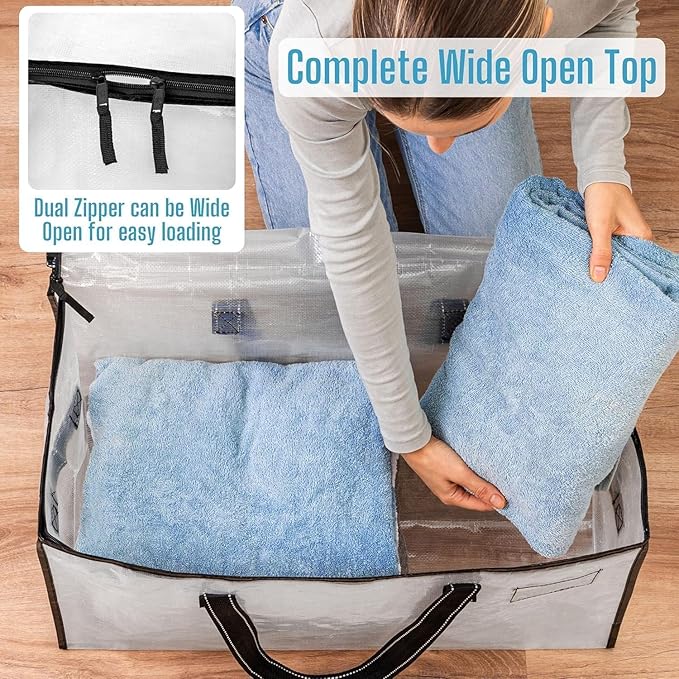 VENO 4 Pack Moving Bags, Comforter and Blanket Storage Bags for Closet, Moving Boxes, Boxes with Lids Alternative, College Dorm Packing Supplies, Foldable Heavy-Duty Tote with Window (Clear, 4 Pack)