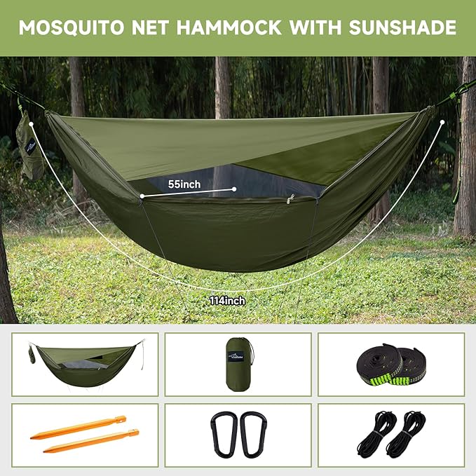 Camping Hammock with Mosquito Net and Sunshade, Backpacking Hammock with Ridge Rope Tree Straps, Lightweight Portable Hammocks for Outside, Hiking, and Travel